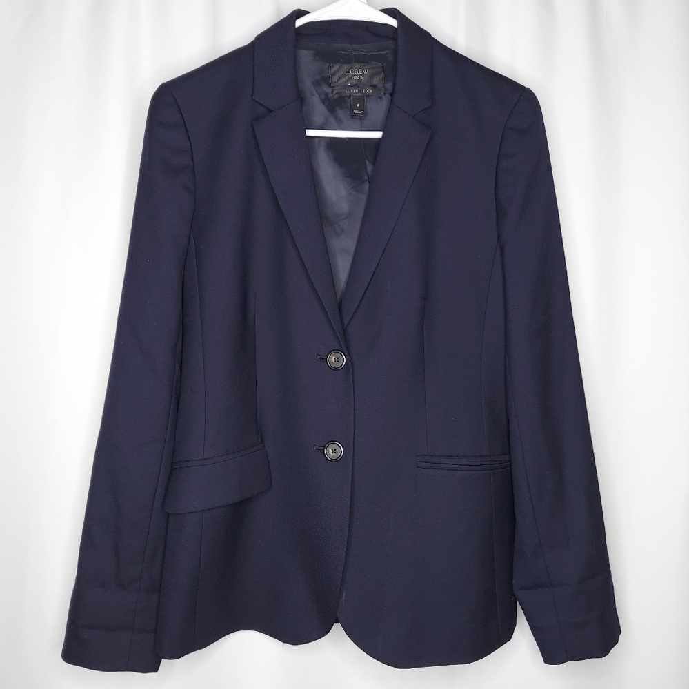 J Crew Blazer 1035 Super 120's Wool Navy Blue Two-Button Pocket Collar 8